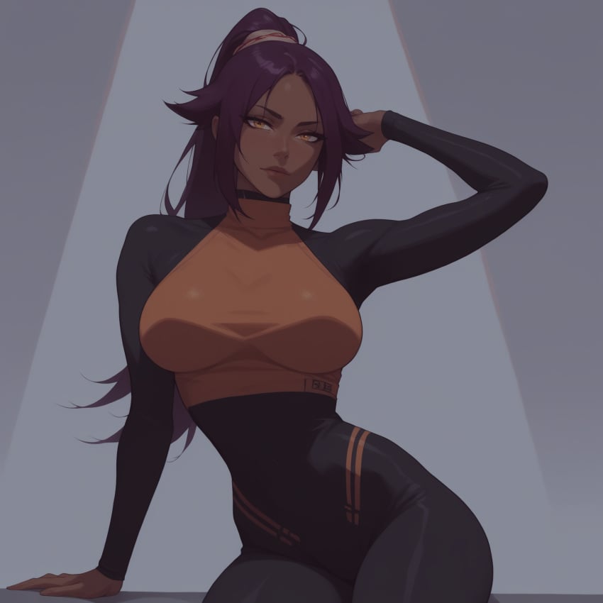 1girls 2d 2d_(artwork) ai_assisted ai_generated amber_eyes babe bleach bleach:_the_thousand-year_blood_war dark-skinned_female dark_skin female female_only human_form humanoid looking_at_viewer no_sex non-human one_arm_up ponytail purple_hair realistic_breast_size realistic_proportions sfw shihouin_yoruichi smile smiling_at_viewer solo solo_female straight_hair yellow_eyes