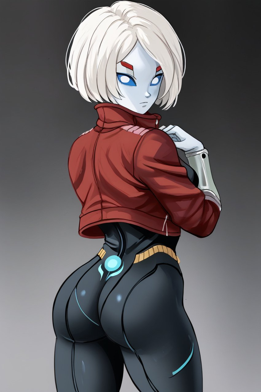 ai_generated alien_girl ass bodysuit clothed dragon_ball dragon_ball_heroes female jacket kamin neo_machine_mutant solo_female super_dragon_ball_heroes tuffle