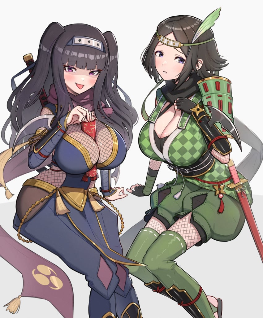 2girls between_breasts big_breasts black_hair confident fire_emblem fire_emblem_awakening fire_emblem_heroes gonzarez looking_at_view looking_at_viewer mother_and_daughter ninja noire_(fire_emblem) pink_eyes purple_eyes scroll_inside shy tharja_(fire_emblem) thick_thighs thighs