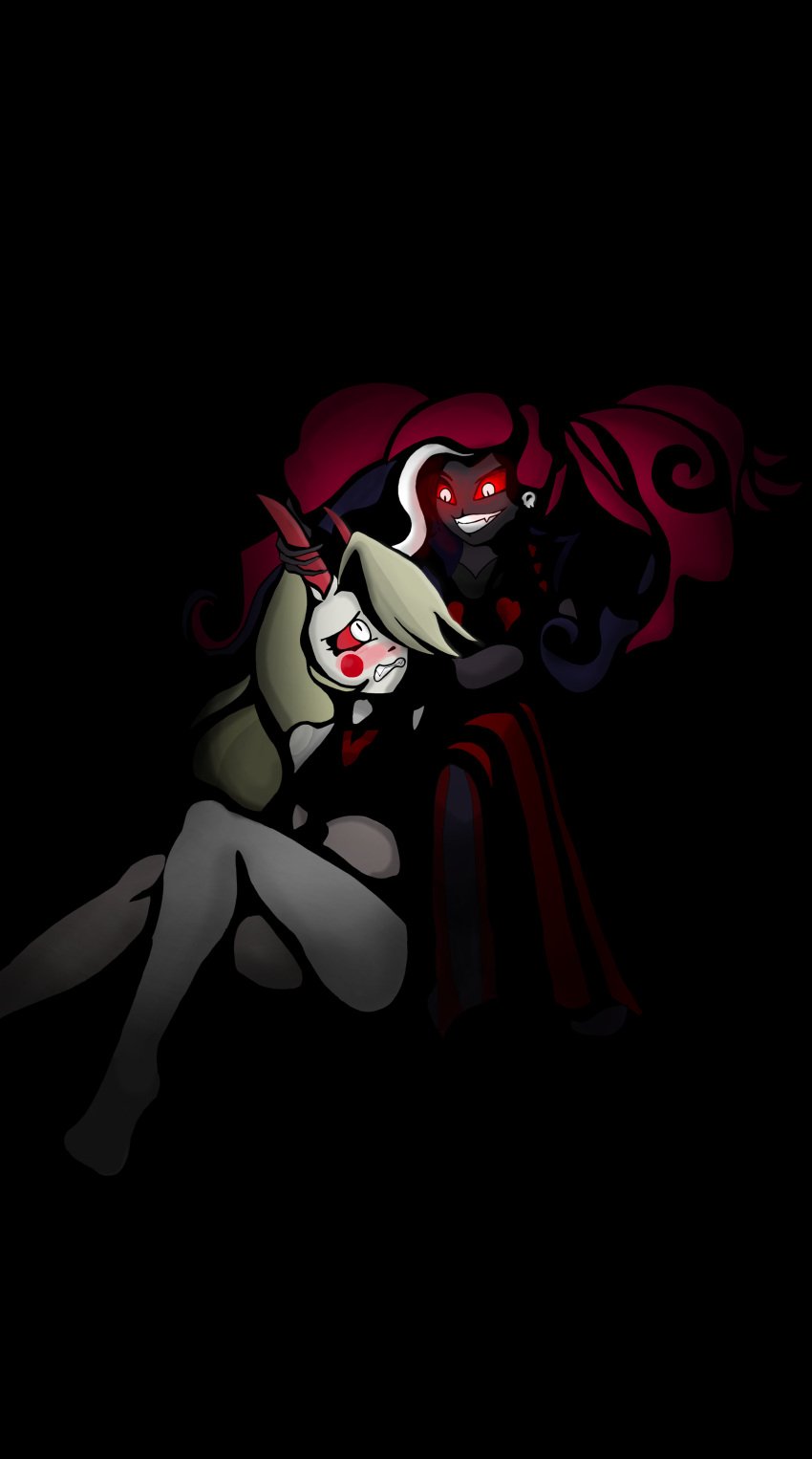 2girls bare_shoulders barefoot bikini blonde_hair blush charlie_morningstar_(hazbin_hotel) demon_girl domination earings gloves hazbin_hotel holding horns long_hair medium_breasts multicolored_hair multiple_girls one_eye_closed pants red_eyes red_hair sidelocks simple_background sitting sleeveless smile teeth twintails velvette_(hazbin_hotel)