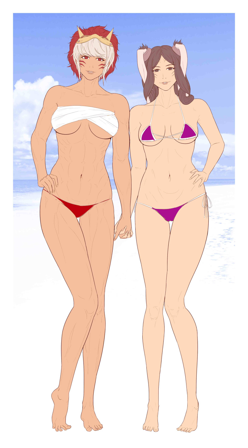 2girls abs alternate_costume bare_legs barefoot bikini bikini_bottom breasts brown_eyes brown_hair bunny_ears female_only fire_emblem fire_emblem_awakening fire_emblem_fates hand_holding humanoid long_hair looking_at_viewer mask mask_on_head medium_breasts micro_bikini multiple_girls muscular muscular_female navel nintendo niramoli oni_mask panne_(fire_emblem) purple_bikini purple_swimsuit red_bikini red_bikini_bottom red_eyes rinkah_(fire_emblem) sarashi short_hair sideboob smile string_bikini swimsuit taguel underboob white_hair