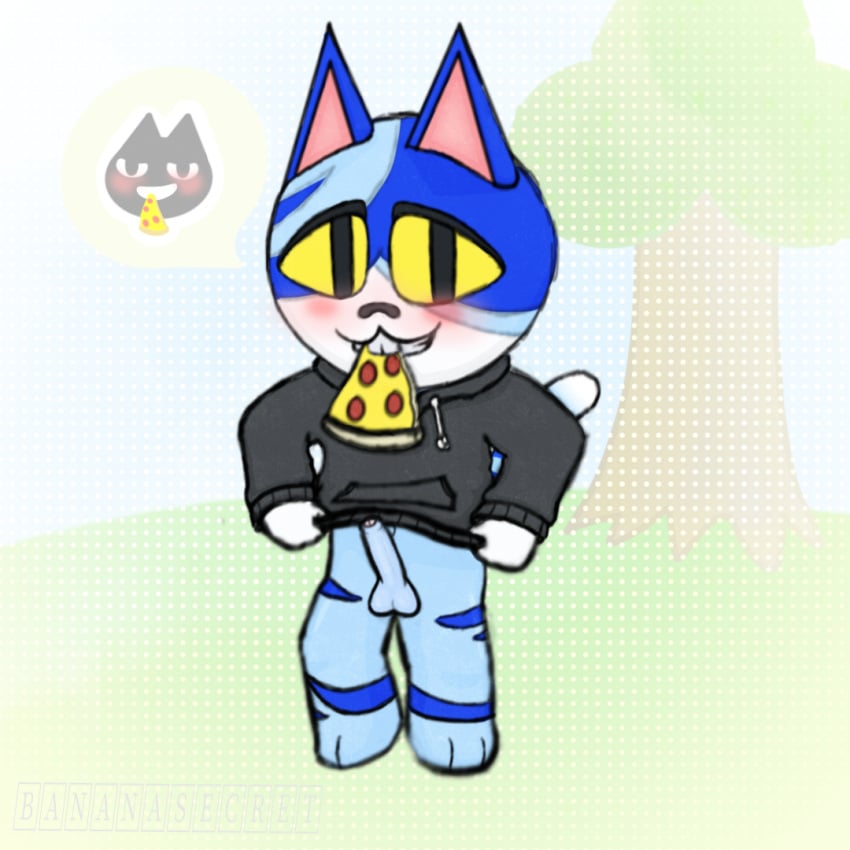 animal_crossing anthro balls bananasecret blush clothing domestic_cat erection felid feline felis genitals male mammal moe_(animal_crossing) nintendo penis smile solo