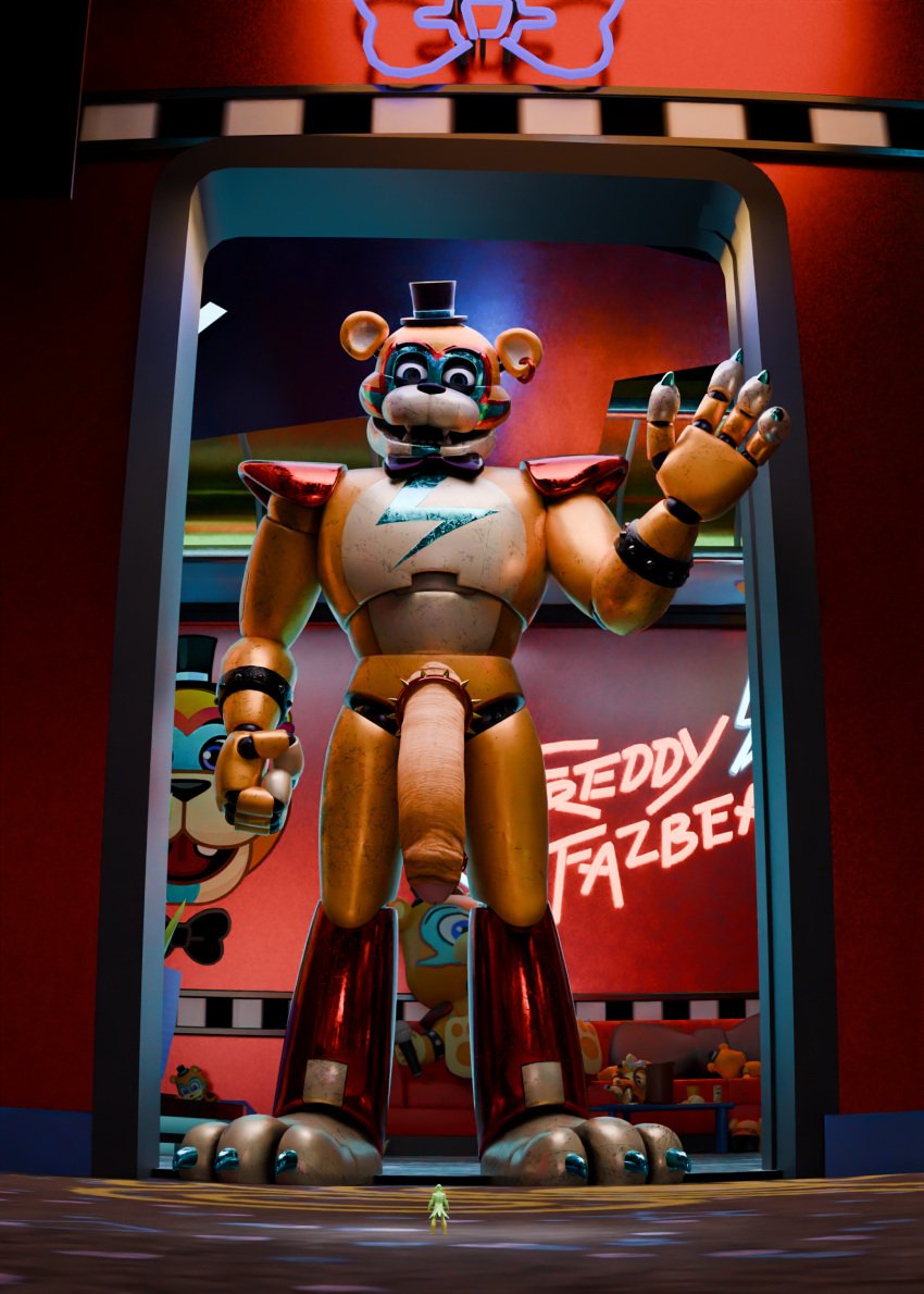 animatronic anthro bear biceps blue_eyes blue_nails bowtie english_text facial_markings five_nights_at_freddy's five_nights_at_freddy's:_security_breach fnaf glamrock_freddy_(fnaf) happy looking_down machine male male_only micro non_human robot robot_humanoid spiked_bracelet spiked_cock_ring story_at_source tan_body top_hat two_tone_body ursid ursid_humanoid ursine veem0n waving waving_hand yhoali_xxx