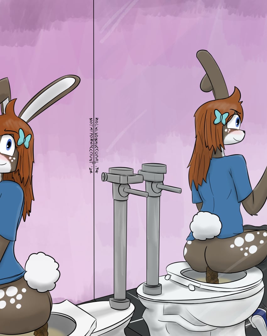 2024 absurd_res accessory anthro bathroom blue_eyes blush bottomwear brown_body brown_fur casey_(notmypornaccount) clothed clothing cotton_tail digital_media_(artwork) feces female floppy_ears footwear fur hair hair_accessory hi_res lagomorph leporid looking_at_viewer mammal markings mirror mirror_reflection mirror_selfie notmypornaccount public public_restroom rabbit red_hair reflection scat selfie shirt shoes sitting smile solo spots spotted_markings t-shirt tail text toilet_use topwear white_body white_fur