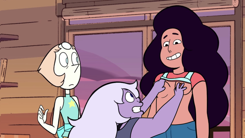 amethyst_(steven_universe) breast_grab breasts clothed edit edited_screencap female groping happy_female interspecies lesbian light-skinned_female long_hair pearl_(steven_universe) shirt_up small_breasts steven_universe stevonnie teenager