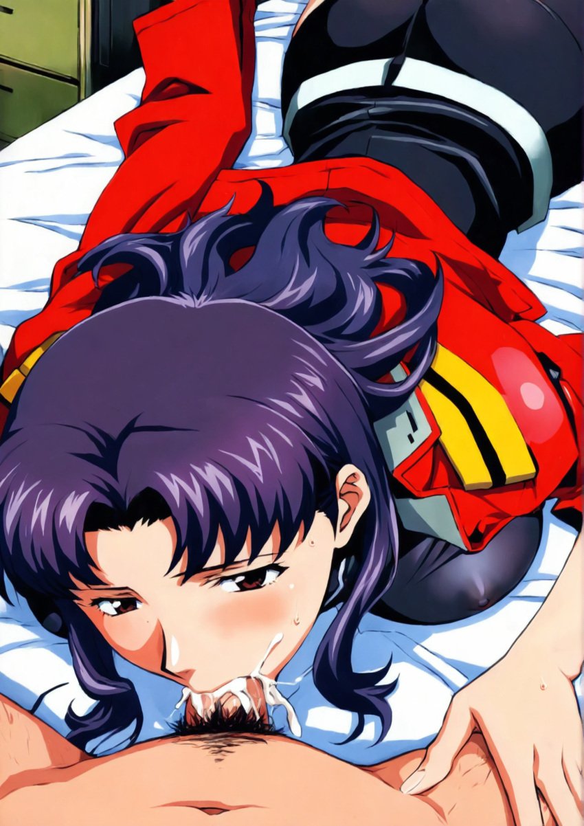 ai_generated big_breasts cum_drip cum_in_mouth female jacket misato_katsuragi neon_genesis_evangelion oral oral_penetration retro_ai_ecchi_dude retro_artstyle