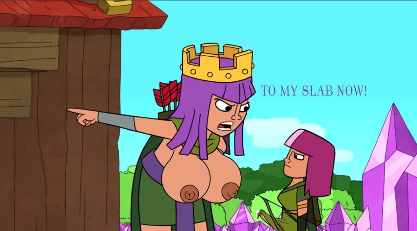 ! archer_(clash_of_clans) archer_queen_(clash_of_clans) clash_(series) clash_a_rama clash_of_clans crown dominant_female english_text erection erection_under_clothes futanari huge_breasts imminent_sex larger_female looking_at_another looking_at_breasts mostly_clothed nut-master pink_hair precum precum_bubble precum_drip precum_through_clothing purple_hair sagging_breasts smaller_futanari