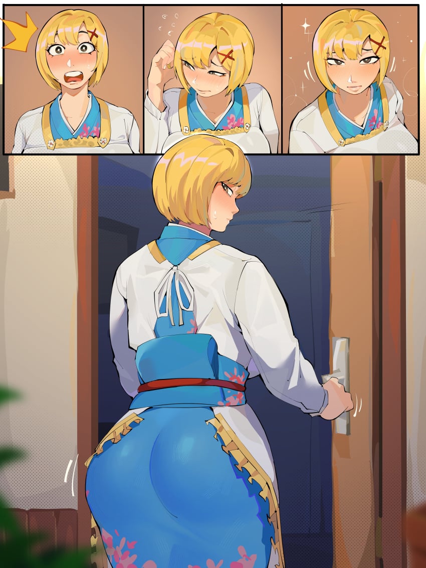 1girls asian_female ass bedroom_eyes blonde_hair blush bob_cut brown_eyes chiyoi_(diforland) clothed comic diforland door female implied_cheating korean korean_female large_breasts looking_at_viewer nodding_head original short_hair silent_comic solo thick_ass x_hair_ornament