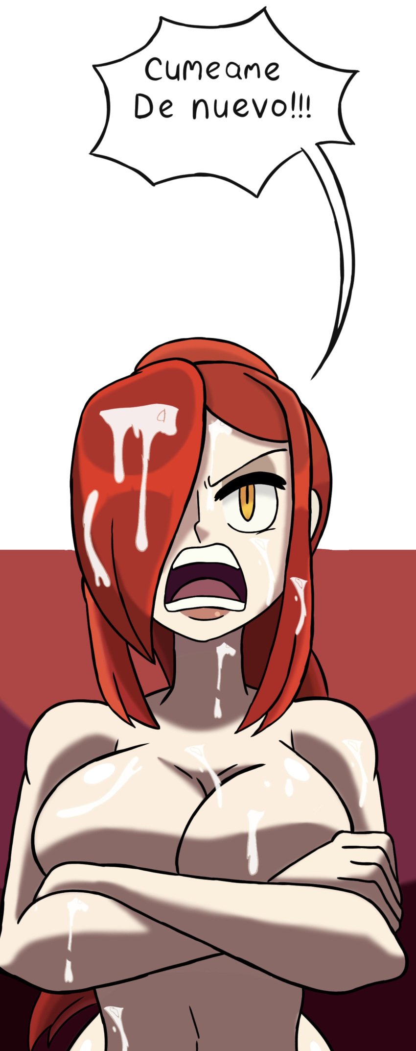 cum cum_tribute edit female hair parasoul red_eyes skullgirls spanish_text speech_bubble yellow_eyes