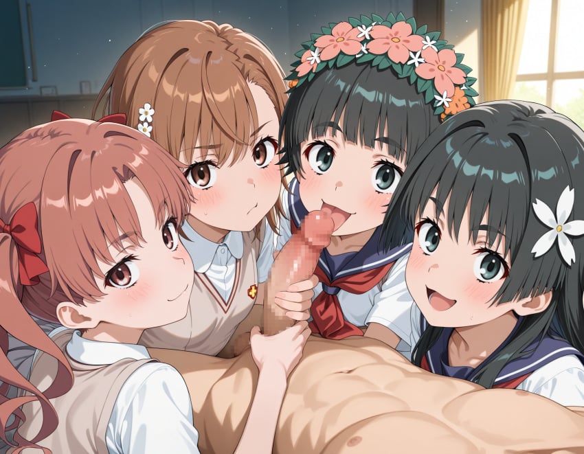 4girls ai_generated black_hair brown_hair misaka_mikoto penis penis_grab penis_lick saten_ruiko shirai_kuroko to_aru_kagaku_no_railgun to_aru_majutsu_no_index uiharu_kazari