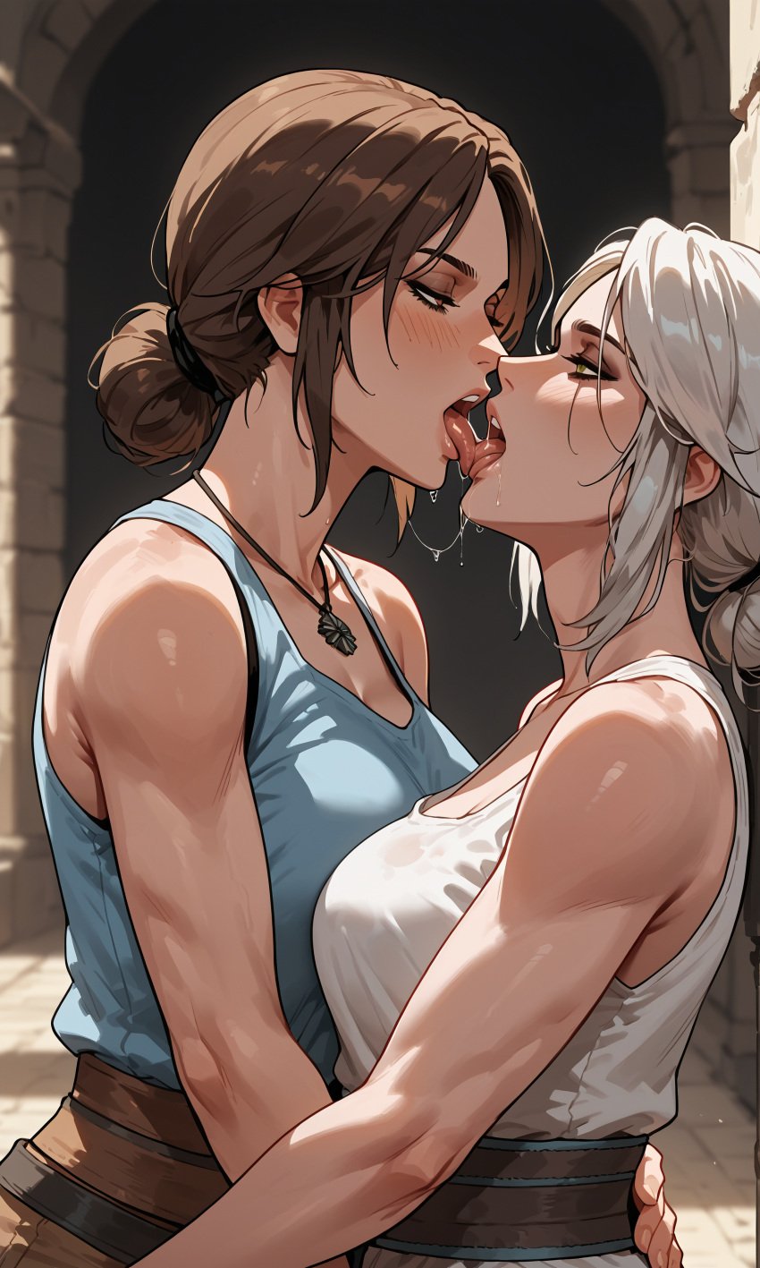 2girls ai_generated aifutaempire brown_hair ciri female green_eyes kissing lara_croft light-skinned_female mascara saliva saliva_trail scar the_witcher_(series) the_witcher_3:_wild_hunt tomb_raider tongue_out white_hair yuri