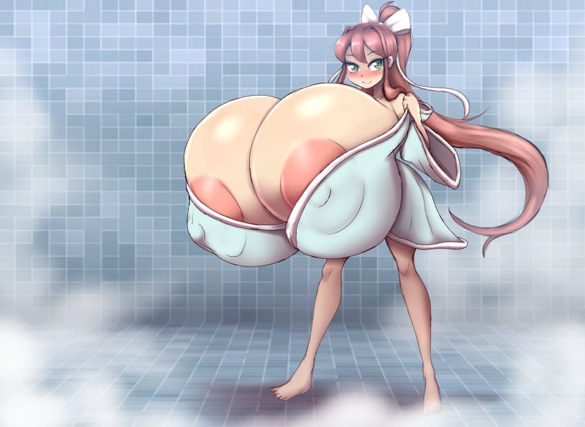 2024 anime_style areolae bathrobe blush breast_expansion breasts breasts_bigger_than_head breasts_bigger_than_torso cleavage color doki_doki_literature_club expansion female female_only green_eyes huge_areolae huge_breasts human human_only just_monika large_breasts looking_at_viewer metachoke monika_(doki_doki_literature_club) nipple_bulge not_furry shower showering smile solo_female white_bow