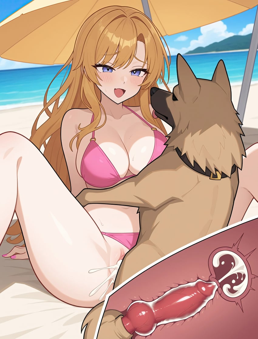 2d ai_generated animal_genitalia animal_penis beach big_penis bikini bikini_bottom bikini_top blonde_hair breasts brown_fur canid canine canine_genitalia canine_penis canis cum cum_in_pussy cum_inside cum_on_body domestic_dog erection female female_penetrated feral fur happy hi_res internal internal_cumshot internal_view interspecies knot knotting male male/female male_penetrating_female mammal missionary_position naked nipples nude penis quadruped sex vagina vaginal_penetration x-ray zoophilia zoophilia