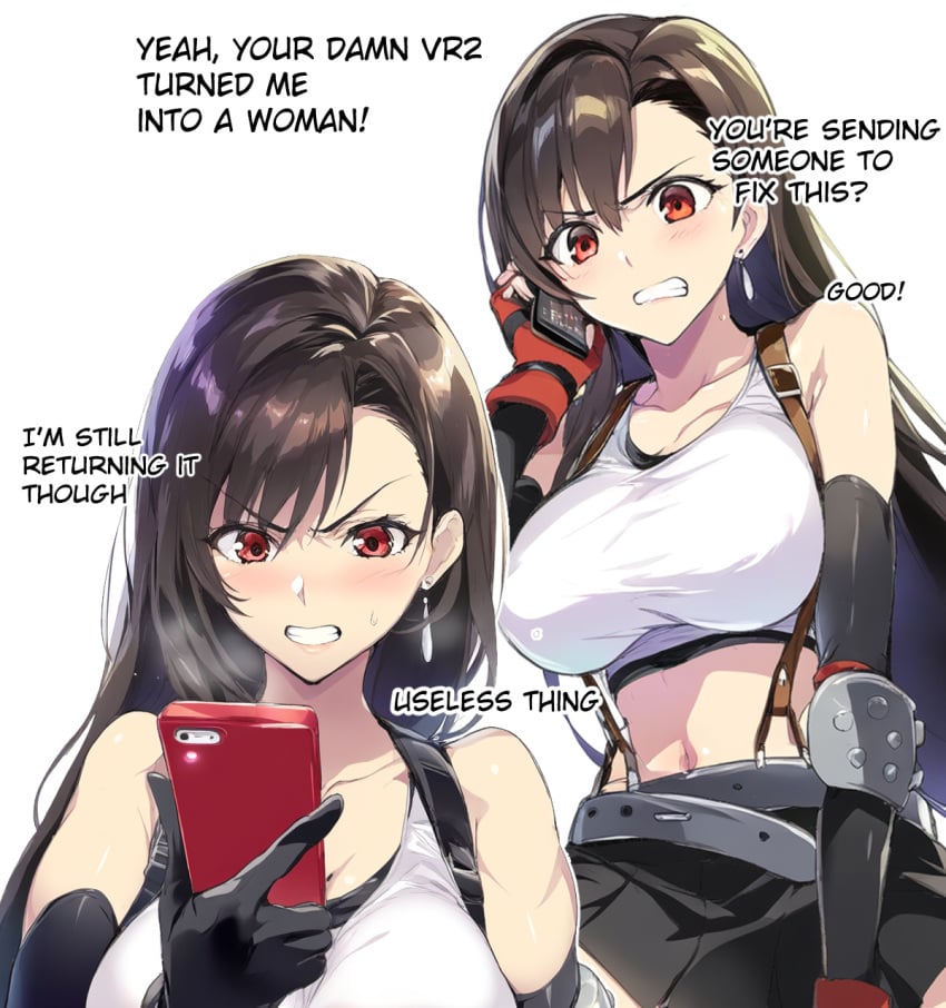 1girls ai_generated angry belt black_skirt clenched_teeth elbow_gloves english_text final_fantasy_vii furrowed_brow genderswap_(mtf) large_breasts multiple_views phone_call red_gloves smartphone suspenders tank_top tifa_lockhart