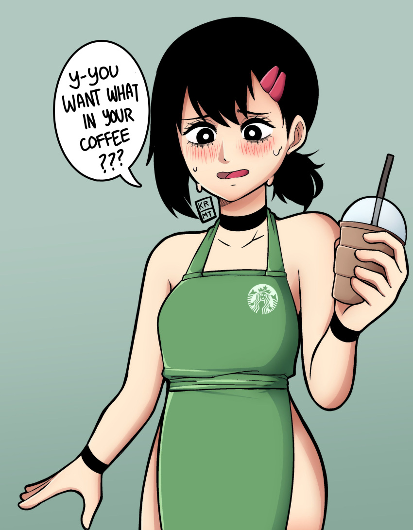 1girls 2021 apron apron_only barista black_eyes black_hair chainsaw_man clothing coffee cute dialogue english_text eyelashes fast_food female female_only green_apron higashiyama_kobeni iced_latte_with_breast_milk kermittend meme naked_apron neckwear outerwear starbucks sweat text text_bubble uniform watermark worried wristwear