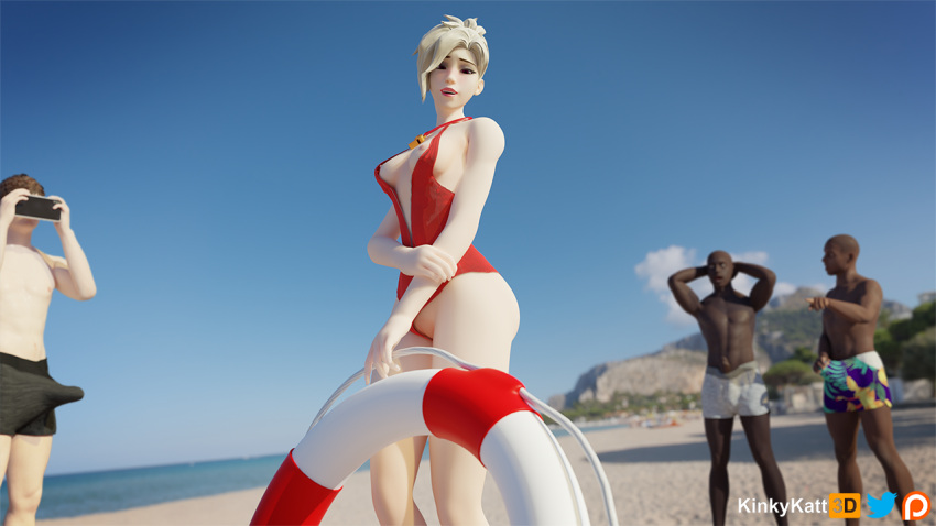 3d angela_ziegler beach blizzard_entertainment dark-skinned_male dark_skin erection erection_under_clothes exposed_breasts exposed_nipples kinkykatt3d lifeguard_mercy lowres mercy overwatch photoshoot