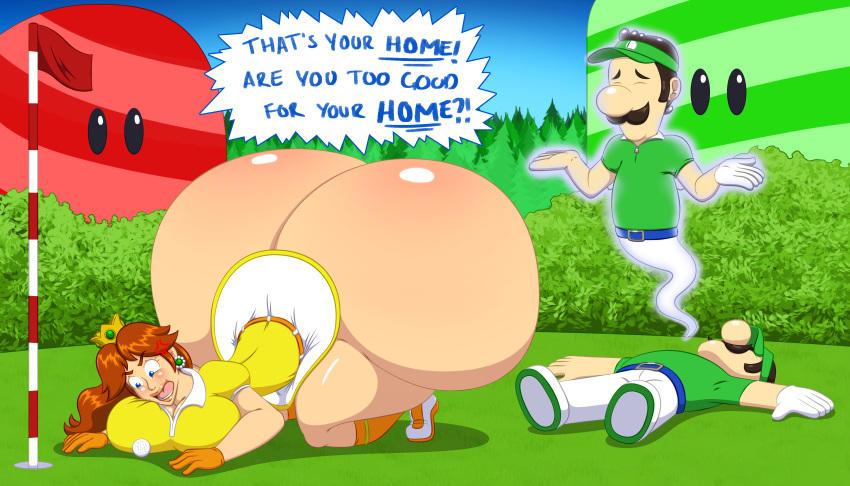 angry ass ass_bigger_than_head ass_focus belt big_ass big_breasts blue_eyes bottomless breast brown_hair cleavage closed_eyes crown dead death elek-tronikz english_text female female_only flagpole ghost gloves hyper hyper_ass large_ass large_breasts long_hair luigi male_death mario_(series) mario_golf nintendo on_all_fours princess_daisy short_hair short_skirt skirt text thick_thighs thighs topwear visor_cap