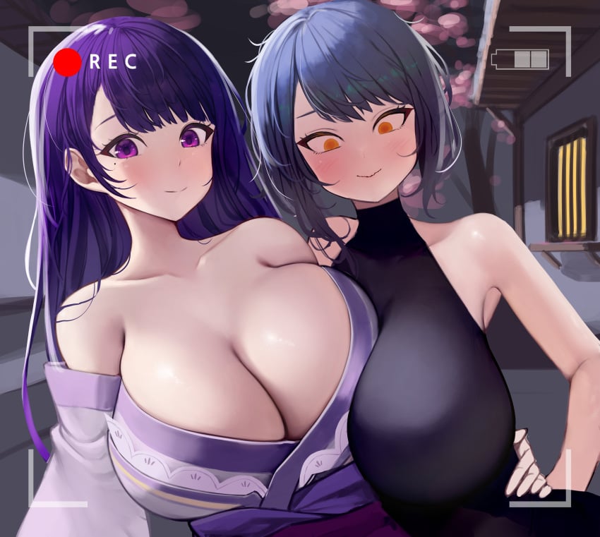 2girls absurdres bare_arms bare_shoulders bbolalus black_bodysuit black_hair blush bodysuit breast_press breasts camera cleavage embarrassed female female_only genshin_impact highres huge_breasts japanese_clothes kimono kujou_sara large_breasts long_hair mole mole_under_eye multiple_girls off_shoulder open_mouth purple_eyes purple_hair purple_kimono raiden_shogun recording short_hair sleeveless smile upper_body wavy_mouth wide-eyed yellow_eyes yuri