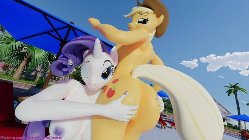 16:9 3d_(artwork) 4k absurd_res anthro anthrofied applejack_(mlp) ass barely_visible_genitalia barely_visible_pussy big_butt breasts digital_media_(artwork) equid equine extremespeedslowpoke female female/female friendship_is_magic genitals hand_on_butt hasbro hi_res horn mammal my_little_pony nude one_eye_closed outside pussy rarity_(mlp) smooth_skin unicorn widescreen wink yuri