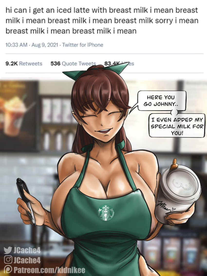 apron big_breasts breasts busty female female_focus female_only furry furry_only hourglass_figure iced_latte_with_breast_milk jcache large_breasts meme nude_apron sideboob tagme waitress waitress_uniform wide_hips
