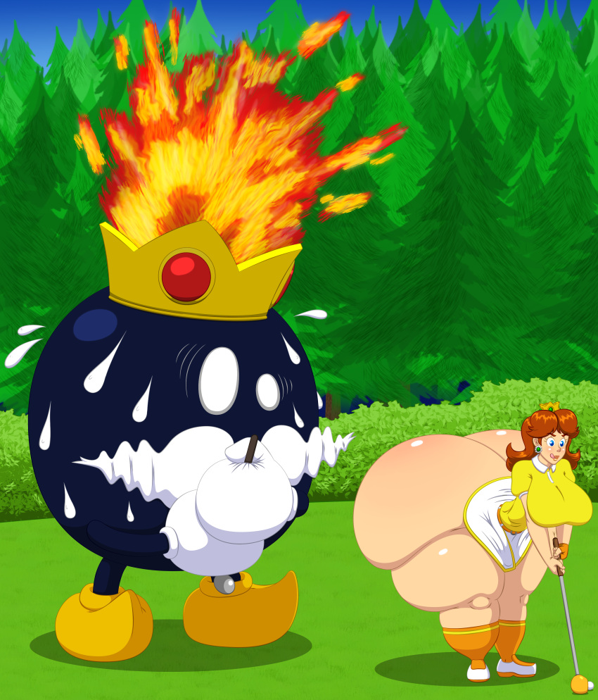 ass blue_eyes bob-omb bomb breast brown_hair crown elek-tronikz female fire gloves golf golf_ball golf_club hyper hyper_ass king king_bob-omb large_ass large_breasts long_hair male mario_(series) mario_golf moustache nintendo pine_tree princess princess_daisy short_skirt skirt socks sweating sweating_profusely thick_thighs thighs tongue_out