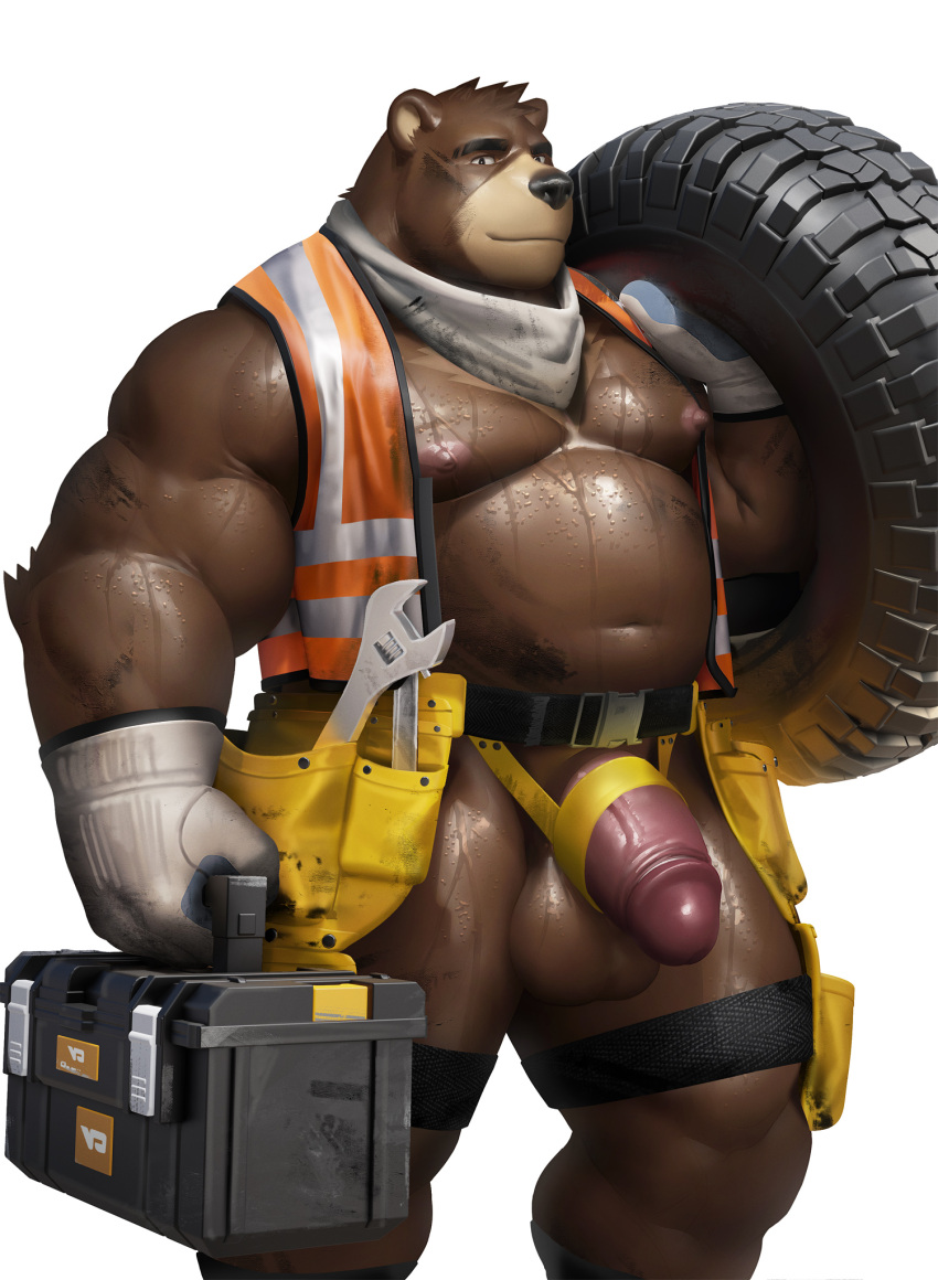 1boy anthro areola balls bear belly bodily_fluids brown_balls clothing dirty genitals glans gloves handwear hi_res holding_object humanoid_genitalia humanoid_penis looking_at_viewer male male_only mammal musclegut muscular neckerchief nipples orange_vest partially_clothed pecs penis repairman simple_background solo solo_male sweat takahirosi tire tool_belt toolbox tools ursid white_background wrench