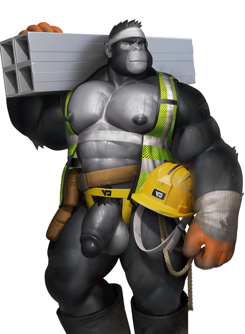 1boy abs accessory anthro anthro_only ape areola armor balls bara black_body black_boots black_clothing black_footwear black_fur black_glans bodily_fluids boots clothing footwear fur genitals glans gorilla grey_balls grey_body haplorhine hard_hat headband headgear helmet hi_res holding_object humanoid_genitalia humanoid_penis male male_only mammal muscular muscular_anthro muscular_male nipples partially_clothed pecs penis primate pubes rope simian simple_background solo sweat takahirosi tool_belt topwear vest white_background