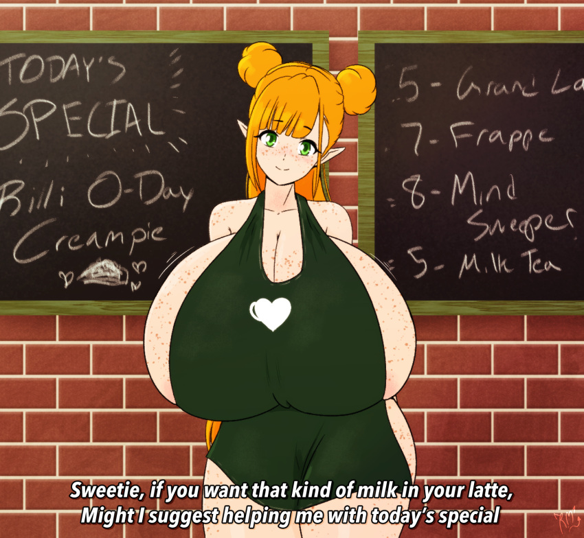 1girls apron apron_only female freckles ginger huge_breasts hyper_breasts iced_latte_with_breast_milk looking_at_viewer meme naked orange_hair request riley_moore_(artist) rilli_oshina starbucks