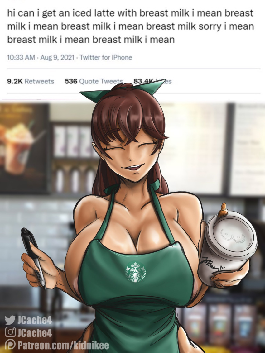 apron big_breasts breasts busty female female_focus female_only furry furry_only hourglass_figure iced_latte_with_breast_milk jcache large_breasts meme nude_apron sideboob tagme waitress waitress_uniform wide_hips