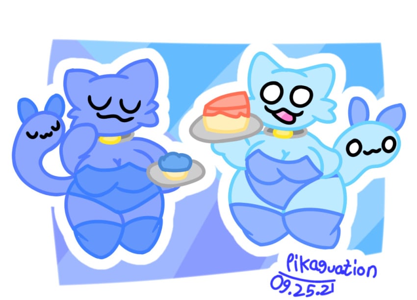 2021 2girls big_breasts blue blue_cake breasts bunnysuit cake carrying_object cat_ears cat_humanoid cat_tail collar colored_lineart cupcake digital_media_(artwork) feline food furry furry_only mouth_closed no_shading open_mouth orange_cake owo pikaguation plate purple questionable simple_background simple_drawing simple_eyes simple_face thick_thighs thigh uwu