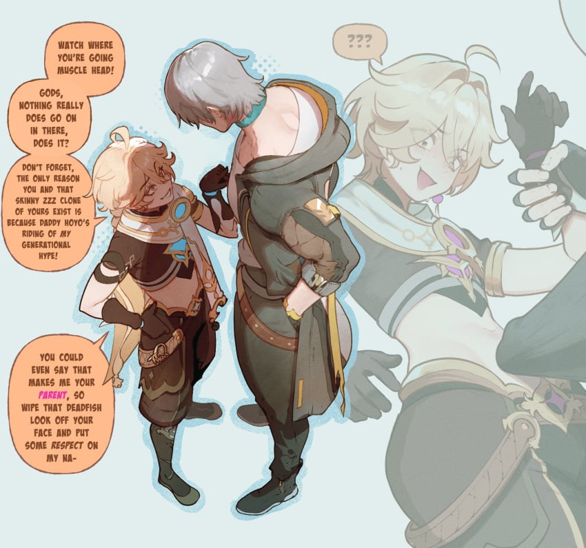 2boys ??? aether_(genshin_impact) ahoge belly_button blonde_hair blush brat bratty bratty_femboy bulge bulge_through_clothing caelus_(honkai:_star_rail) choker crossover dialogue english_text femboy feminine_male fingerless_gloves fully_clothed gay gay_male genshin_impact gloves grabbing_arm grabbing_wrists grey_hair honkai:_star_rail imminent_rape imminent_sex large_bulge large_penis larger_male looking_down looking_up midriff muscular_male open_mouth size_difference smaller_male smug teasing text thiccwithaq waist yaoi yellow_eyes