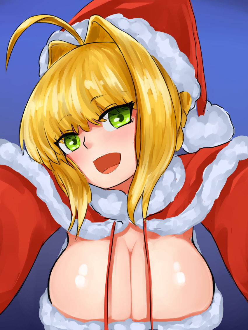 1girls alternate_version_available big_breasts blonde_hair busty christmas cleavage fate/extra fate/grand_order fate_(series) female holidays large_breasts nero_claudius_(fate) padoru padoru_(meme) pov santa_costume santa_hat steamingtofu