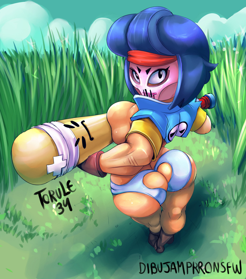 1girls ass ass_cleavage background bat bibi_(brawl_stars) bibilante_(brawl_stars) brawl_stars breast butt_crack dark_hair female female_only grass heart_panties hockey_mask jacket looking_at_viewer looking_back mask mr._bat muscular on_grass open_shirt panties shirt shoes skull_mask solo solo_female supercell torule34