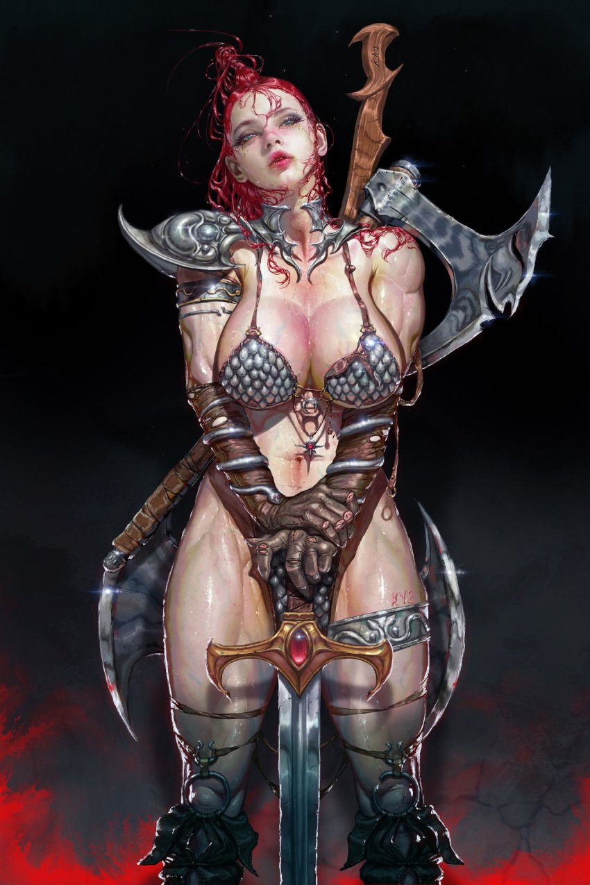 amazon armor axe bra cleavage fantasy female female_only female_warrior holding_weapon kyu_yong_eom kyuyong_eom muscle muscular muscular_female realistic red_sonja sweat sweaty sword weapon wet