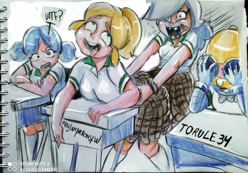 1boy 3girls ahe_gao blonde_hair blue_hair brawl_stars carl_(brawl_stars) colette_(brawl_stars) colored_sketch desk dry_humping hair human jacky_(brawl_stars) open_mouth piper_(brawl_stars) robot school school_desk school_uniform schoolgirl skirt thrusting torule34 white_hair wild_sex