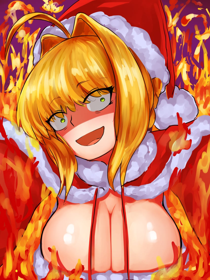 1girls alternate_version_available big_breasts blonde_hair busty christmas cleavage curvy fate/extra fate/grand_order fate_(series) female fire holidays large_breasts nero_claudius_(fate) padoru padoru_(meme) pov pov_eye_contact santa_costume santa_hat smile steamingtofu yandere