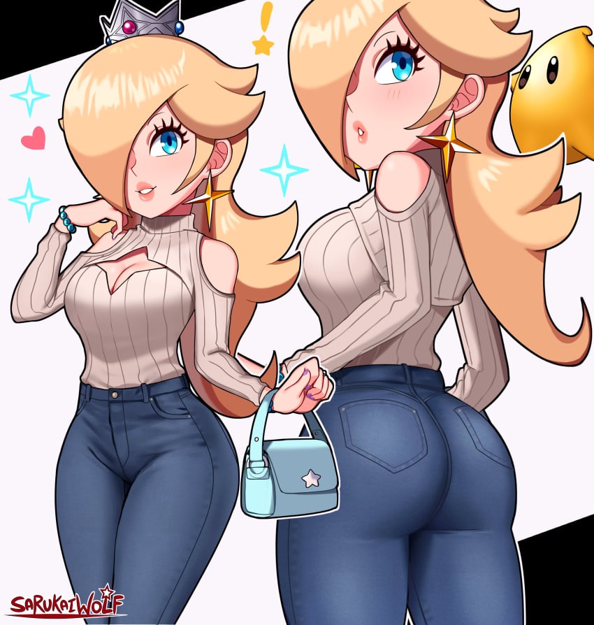 ! alternate_costume ass bimbo blonde_hair blue_eyes breasts casual_clothes casual_clothing clothed clothing dat_ass exposed_shoulders female jeans long_hair looking_at_viewer luma mario_(series) nintendo princess_rosalina sarukaiwolf super_mario_galaxy tagme