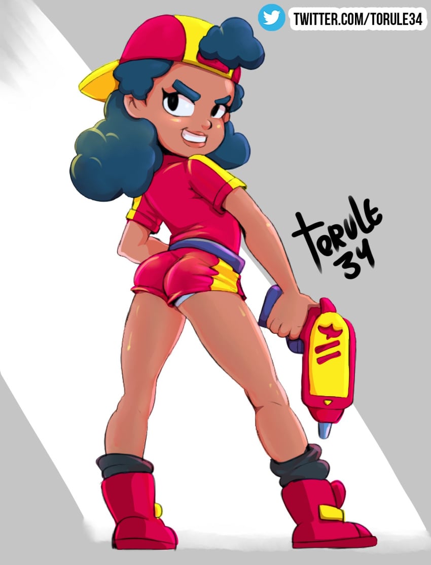 1girls ass backwards_baseball_cap behind_view brawl_stars clothed clothes curly_hair dark_hair female female_only gun hat looking_back meg_(brawl_stars) shiny_skin shoes solo supercell torule34