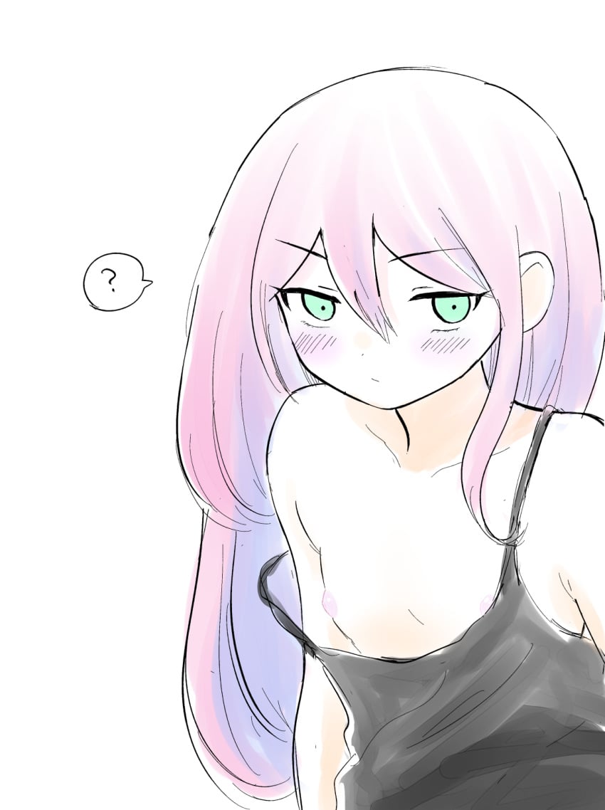 adult aged_up androgynous aroma_ga_umaize aubrey_(omori) blush breasts confused confused_look exposed mob_face nipples oblivious omori pink_hair shirt_pull small_breasts turquoise_eyes unaware unaware_exhibitionist