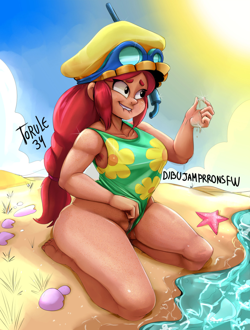 1girls armpit_hair beach brawl_stars clothing female female_only fingering fingering_self freckled_skin freckles goggles goggles_on_head hairy_pussy hat jessie_(brawl_stars) light-skinned_female light_skin masturbation on_knees one-piece_swimsuit ponytail pussy pussy_juice red_hair sand shiny_skin snorkel solo solo_female starfish summer_jessie_(brawl_stars) supercell torule34 vagina water