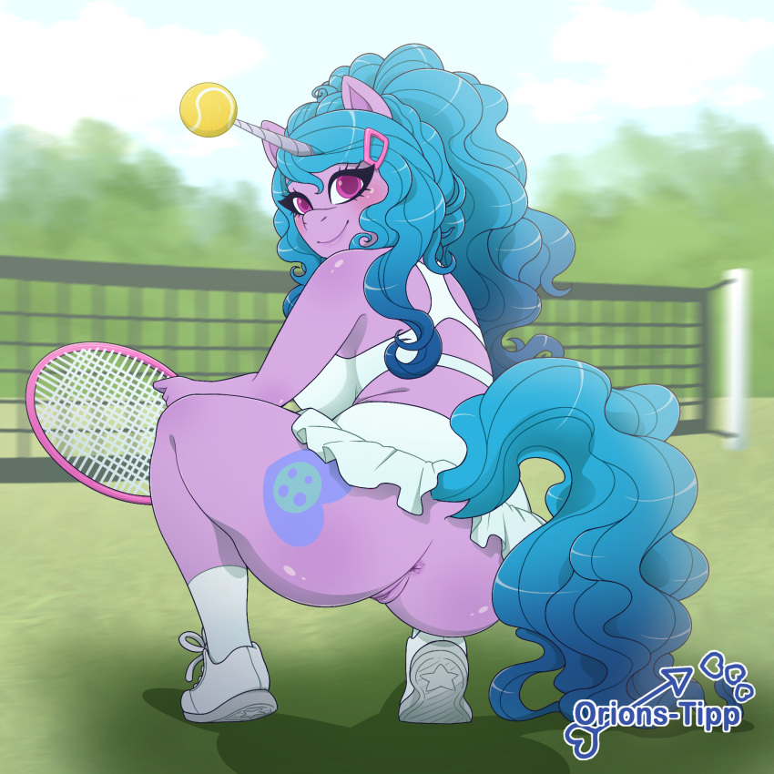 a_new_generation anthro anus ass ball bottomless bottomwear bra breasts clothed clothing crouching cutie_mark dock equid equine female footwear genitals hair hasbro hi_res horn izzy_moonbow_(mlp) looking_at_viewer looking_back mammal microskirt miniskirt mlp_g5 my_little_pony no_underwear orions-tipp partially_clothed ponytail pussy skirt smile smiling_at_viewer socks solo sport sports_bra tennis tennis_ball tennis_racket underwear unicorn upskirt