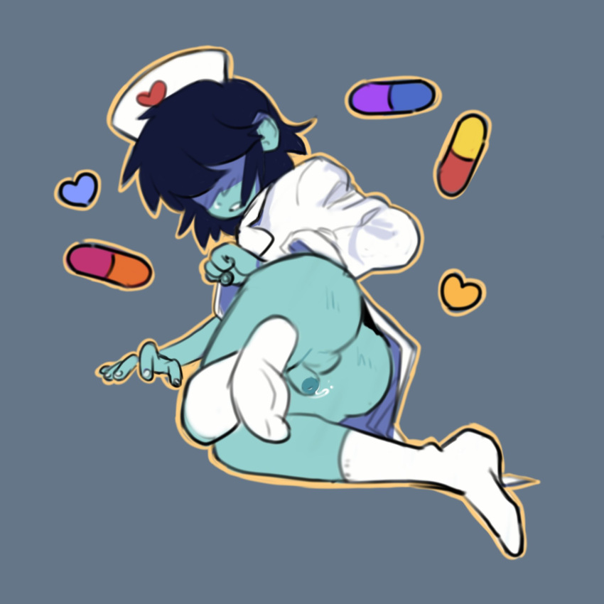 2021 blue_skin blush bottomless deltarune femboy hair hair_covering_eyes hair_over_eyes highres kris_(deltarune) male male_only nurse penis penis_out pills socks solo solo_focus solo_male testicles wardrobe_malfunction yamukareshi