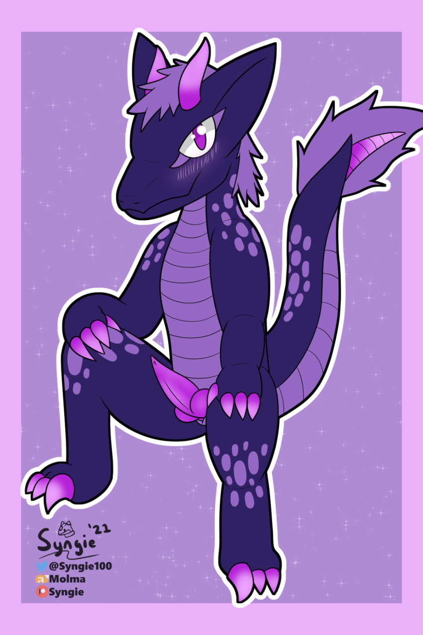 2:3 anthro blush claws dragon genitals hi_res horn hurd knot male male/male markings penis purple_body scales slit solo stinger syngie_(artist) tail_tuft tuft