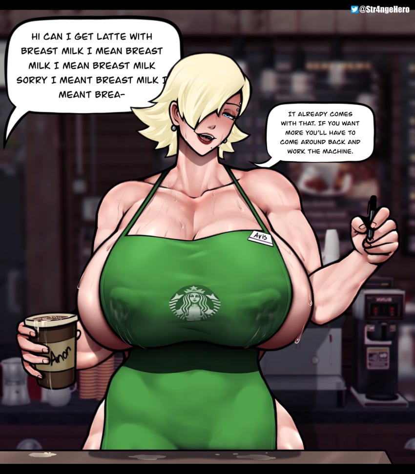 1girls apron avis_(strangehero) barista blonde_hair blush blushing blushing_profusely breasts clothing english english_text fast_food female female_focus female_only half-closed_eyes huge_breasts iced_latte_with_breast_milk lactation lactation_through_clothes lactophilia light-skinned_female light_skin looking_at_viewer meme muscular muscular_female oc original original_character outerwear pale-skinned_female pale_skin solo solo_female solo_focus starbucks strangehero thick_thighs uniform voluptuous wide_hips