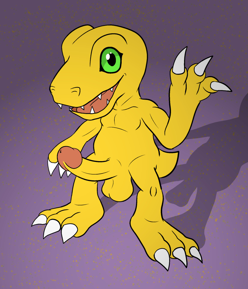 abstract_background agumon anthro balls bandai_namco darkajugin digimon digimon_(species) erection genitals gesture green_eyes hi_res looking_at_viewer male male_only nude penis sharp_teeth solo teeth waving yellow_body