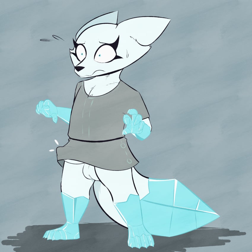 1:1 anthro arctic_fox balls bulge canid canine clothing detailed_bulge dwarfism elemental_creature fox fur furry furry_only genital_outline genitals hi_res ice male male_only mammal mineral_fauna mrdegradation penis penis_outline samuel_coldpaws solo tail tunic white_body white_fur