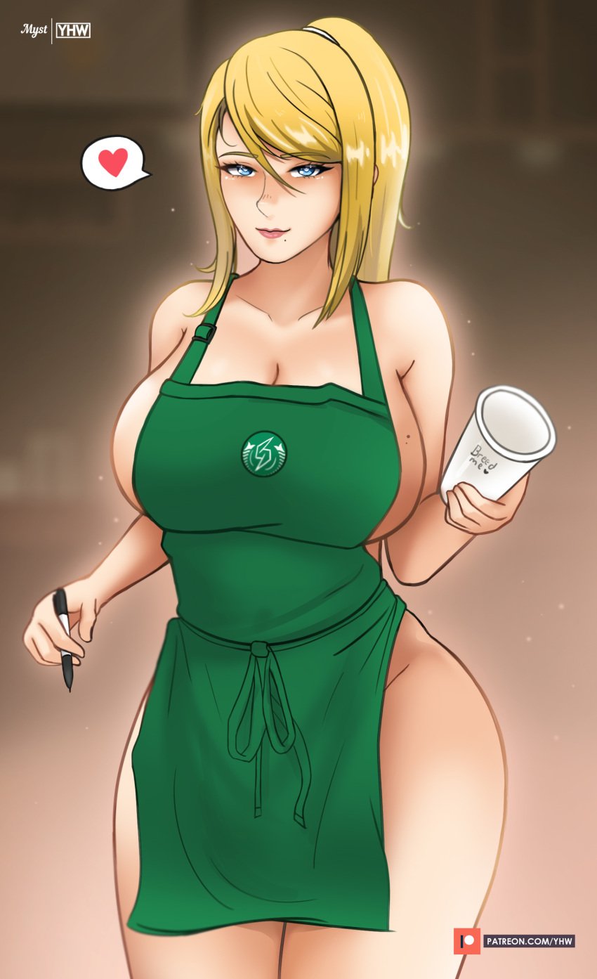 big_breasts blonde_hair blue_eyes child_bearing_hips coffee iced_latte_with_breast_milk meme metroid milk myst nintendo samus_aran sideboob soft_shading starbucks super_smash_bros. super_smash_bros._ultimate thick_thighs wide_hips yhw