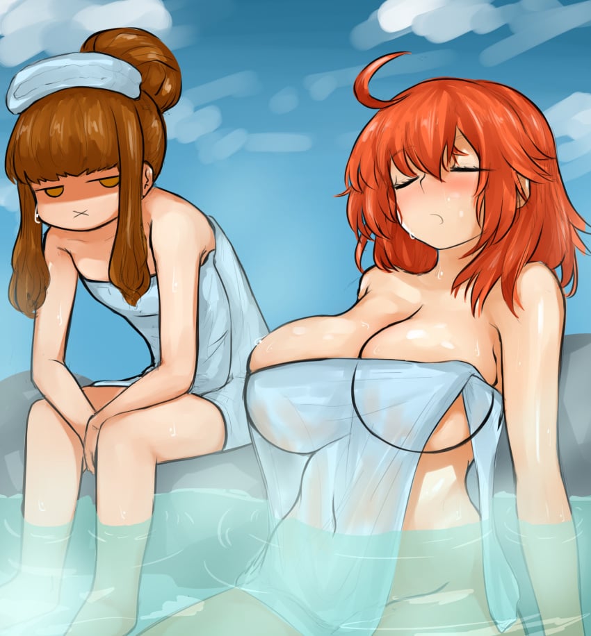 2girls alternate_breast_size alternate_version_available big_breasts breast_envy busty cleavage curvy fate/extella fate/extra fate/extra_ccc fate/grand_order fate_(series) fujimaru_ritsuka_(female) gudako hakuno_kishinami hotsprings huge_breasts kishinami_hakuno_(female) large_breasts multiple_girls steamingtofu towel towel_only water