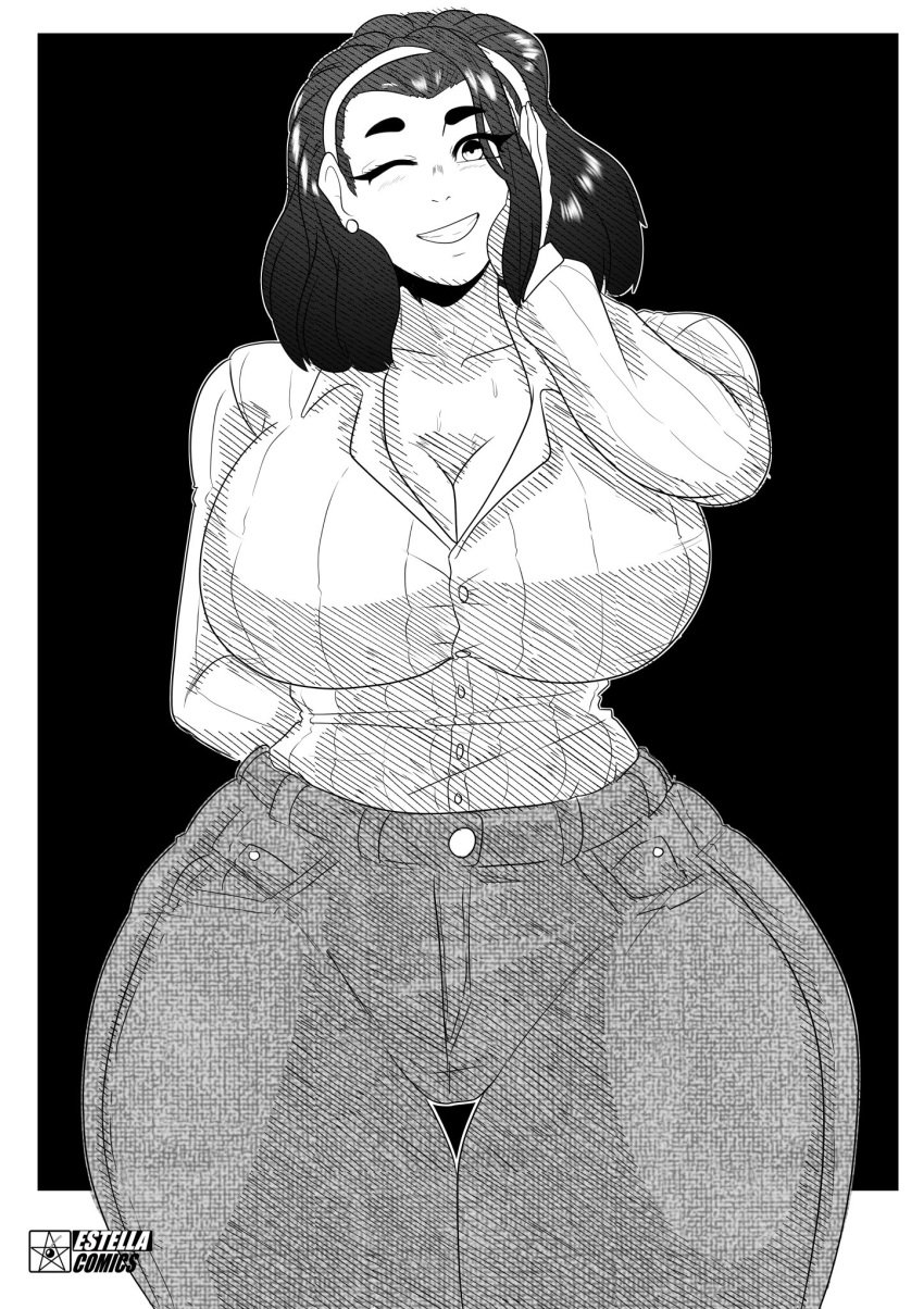 big_ass big_breasts big_butt big_thighs cecilia_(mrestella) estella_comics female female_only hand_on_face huge_ass huge_breasts huge_butt huge_thighs jeans mannyestella mrestella one_arm_behind_back one_eye_closed simple_background smile thick_thighs