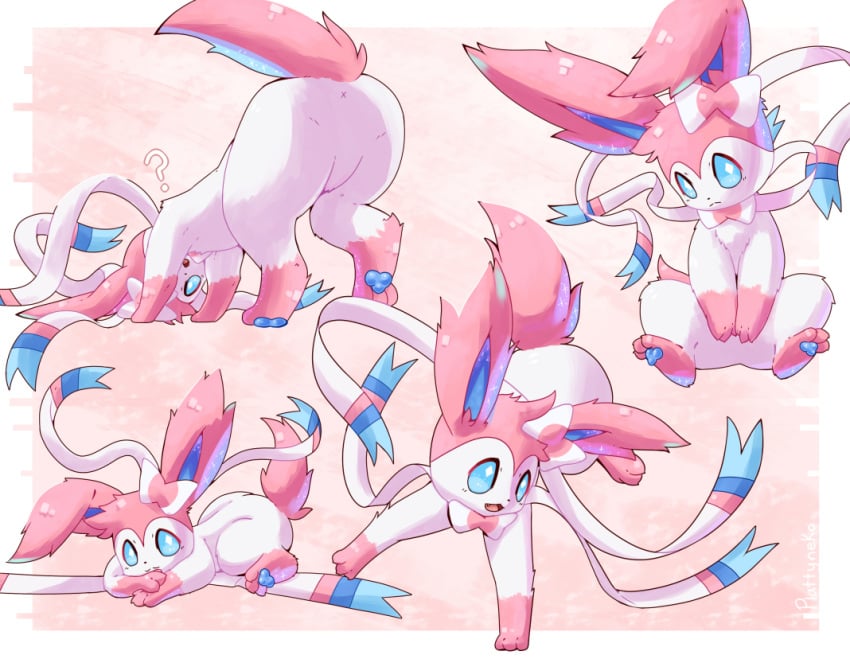 2019 3_toes ? all_fours ambiguous_gender anus anus_only ass ass_up blue_eyes blue_pawpads digital_media_(artwork) eeveelution feet feral fluffy fluffy_ears fluffy_tail fur head_down leg_markings markings multiple_poses nintendo one_ear_up open_mouth pawpads pink_body pink_ears pink_fur pink_tail plattyneko pokémon_(species) pokemon pose raised_tail rear_view ribbons socks_(marking) solo sylveon toes video_games white_body white_fur x_anus